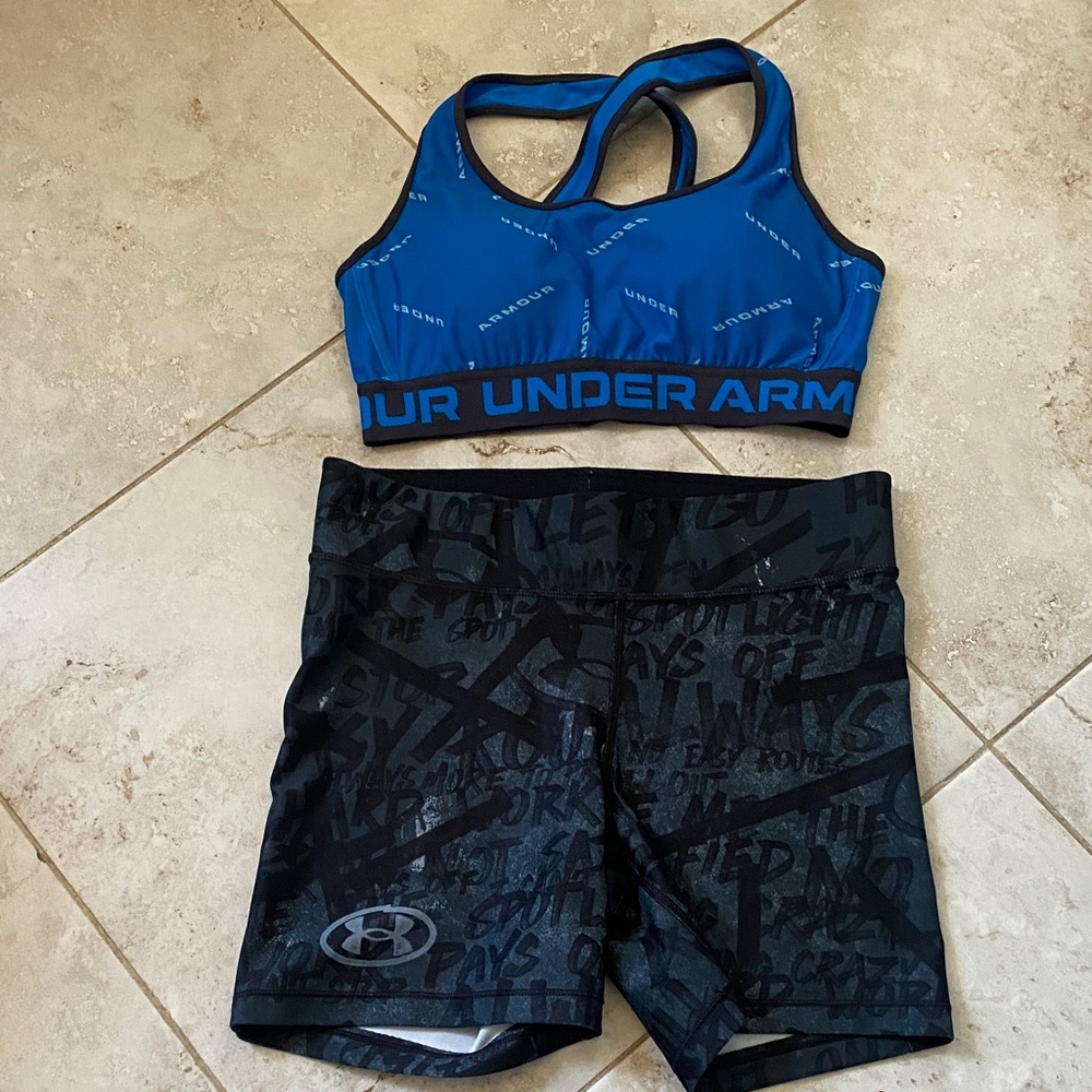 Under Armour Blue Sports Bra with Black Graphic Compression Shorts